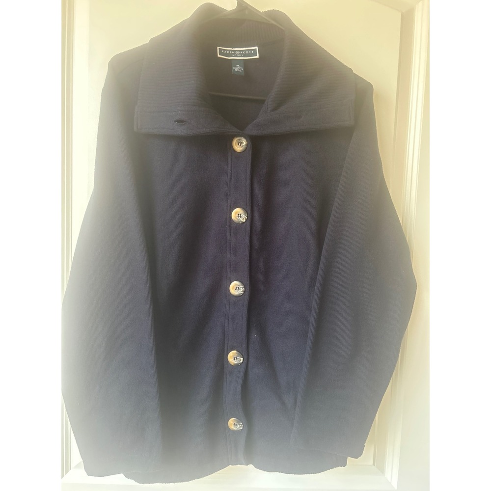 Karen Scott Sport Navy Blue Ribbed Shawl Collar Button Front Cardigan XL